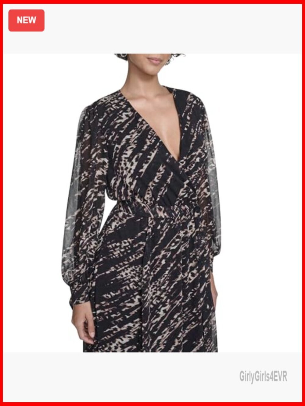 V-Neck Long Sleeve Chiffon Midi Dress - Floral Sheath - Picture 2 of 5